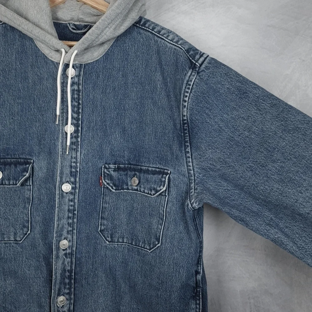 Levis Shirt Jacket Mens Medium Blue Denim Hooded Snap Front Workwear Shacket - Picture 4 of 15